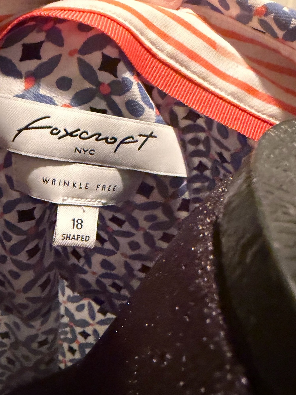 Foxcroft Blue and White Geometric Button-Down Shirt with Pink Cuffs - Picture 5 of 6